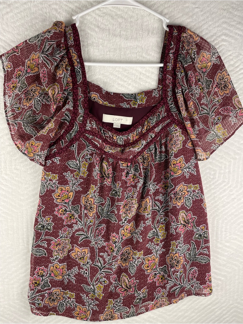 LOFT Burgundy Floral Square-Neck Flutter Sleeve Blouse
